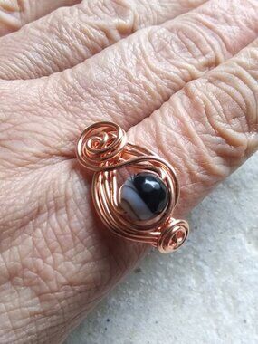 Hand Crafted: Intricate Asymmetrical Onyx + Copper Wire Ring - Feminine Size 9.5
